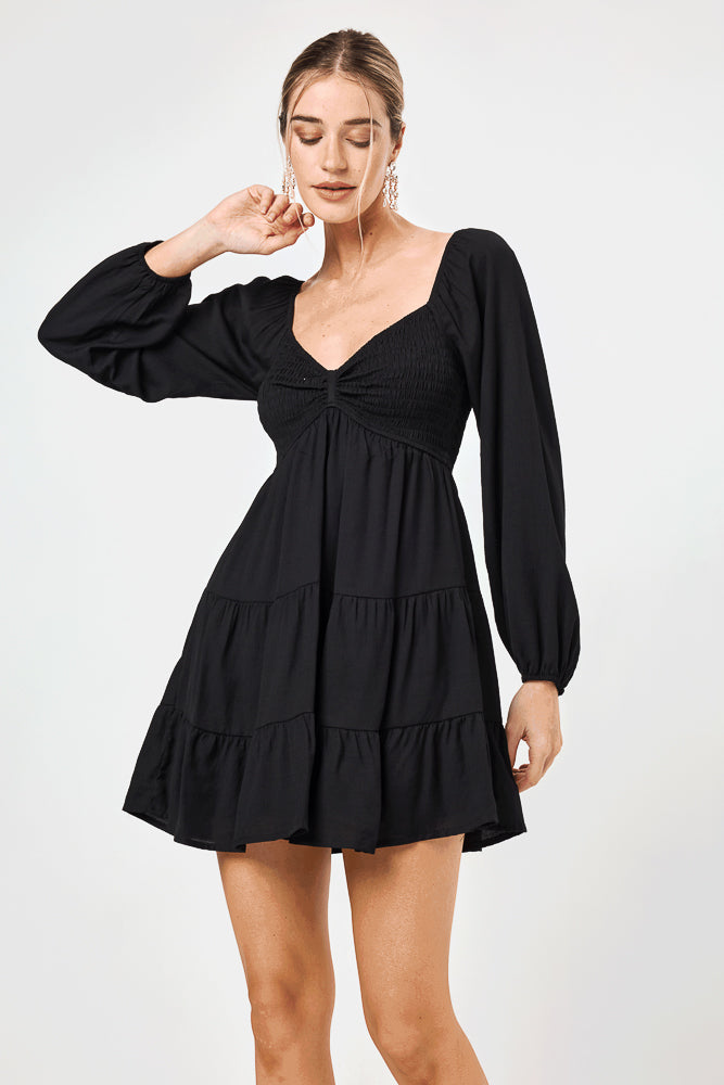 Black Long Sleeve Smocked Bust Dress - Trixxi Clothing