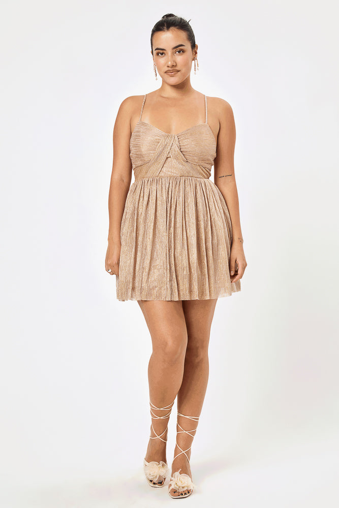 Champagne Metallic Pleated Dress - Trixxi Clothing