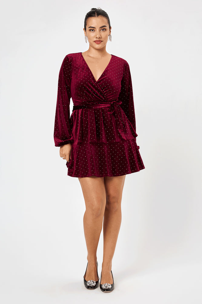 Wine long sleeve Velvet Dress - Trixxi Clothing