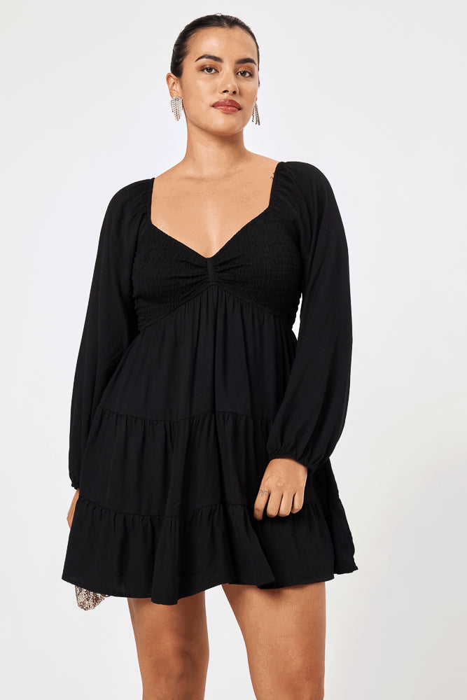 Black Long Sleeve Smocked Bust Dress - Trixxi Clothing