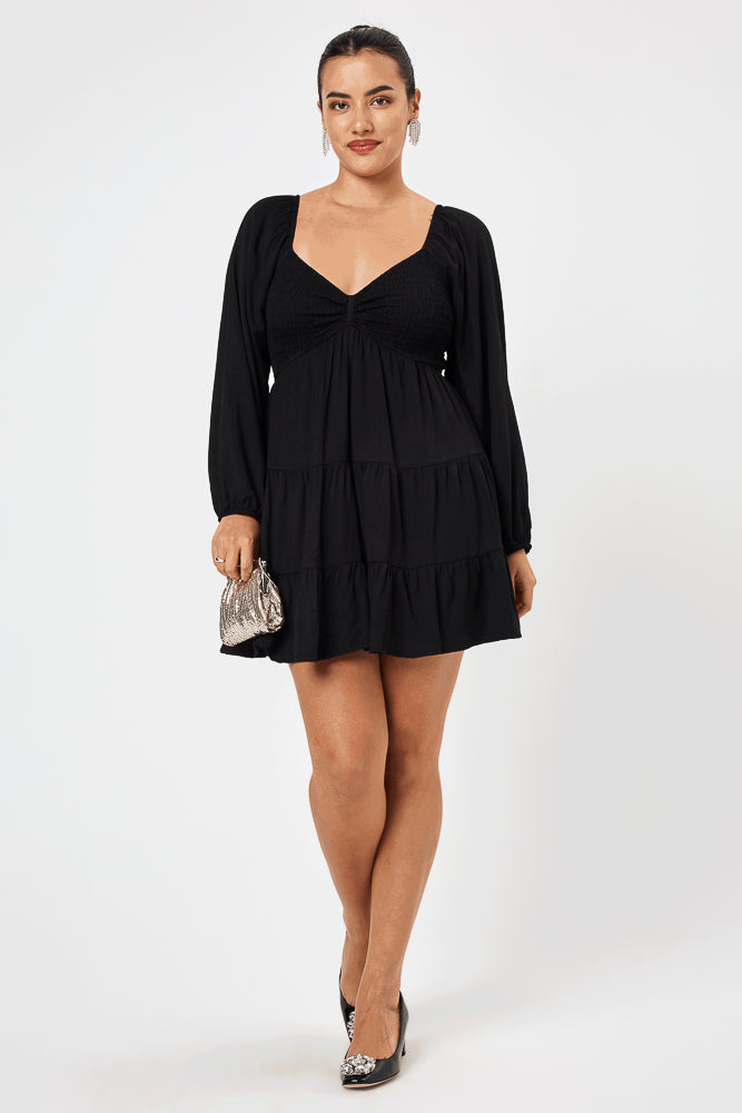 Black Long Sleeve Smocked Bust Dress - Trixxi Clothing