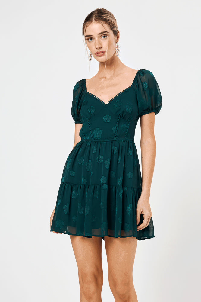 Green Short Sleeve Jacquard Dress - Trixxi Clothing