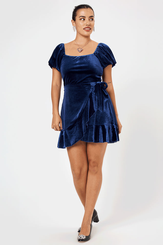 PUFF SLV WRAP VELVET NAVY - Trixxi Clothing