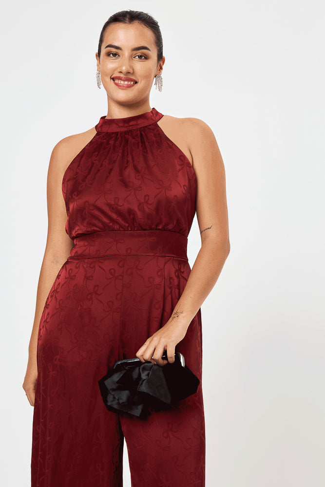 Wine Satin Halter Neck Jumpsuit - Trixxi Clothing
