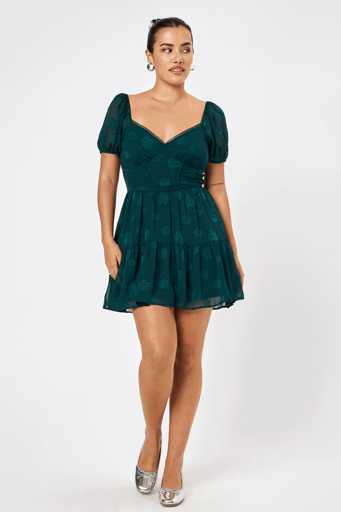 Green Short Sleeve Jacquard Dress - Trixxi Clothing