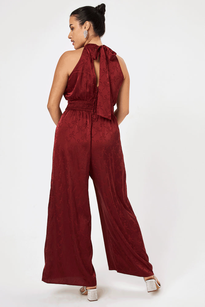 Wine Satin Halter Neck Jumpsuit - Trixxi Clothing
