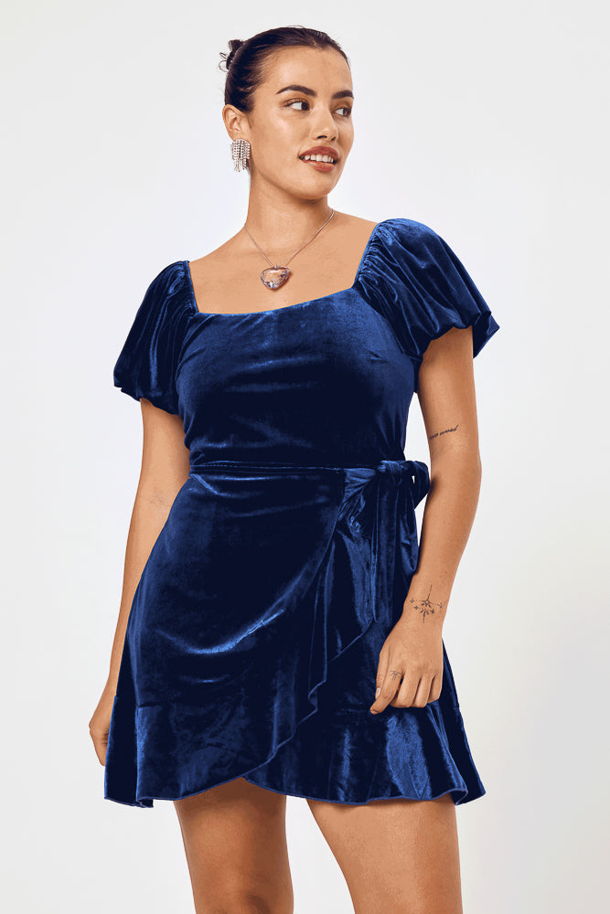 PUFF SLV WRAP VELVET NAVY - Trixxi Clothing