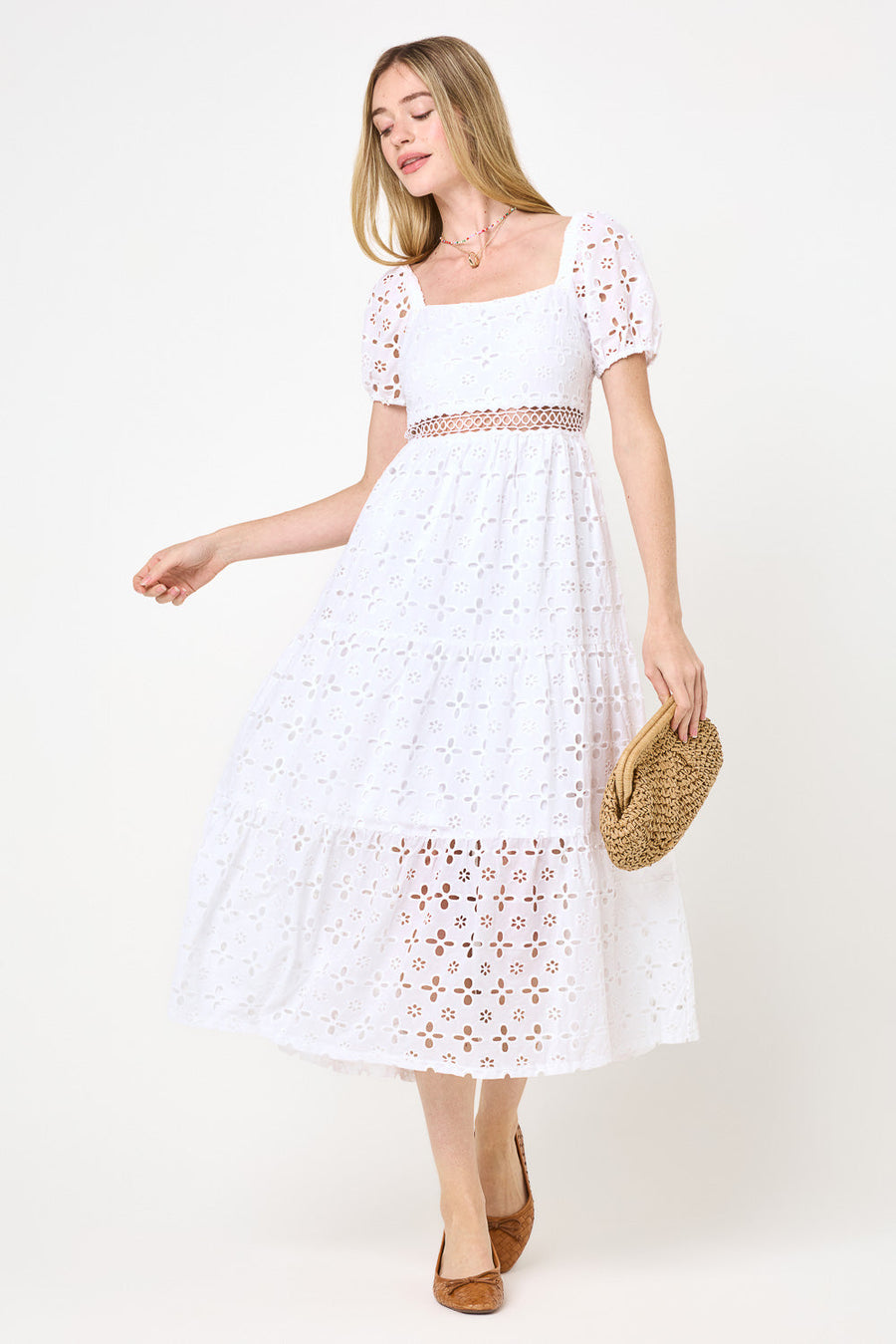 White Lace Waist Midi Dress