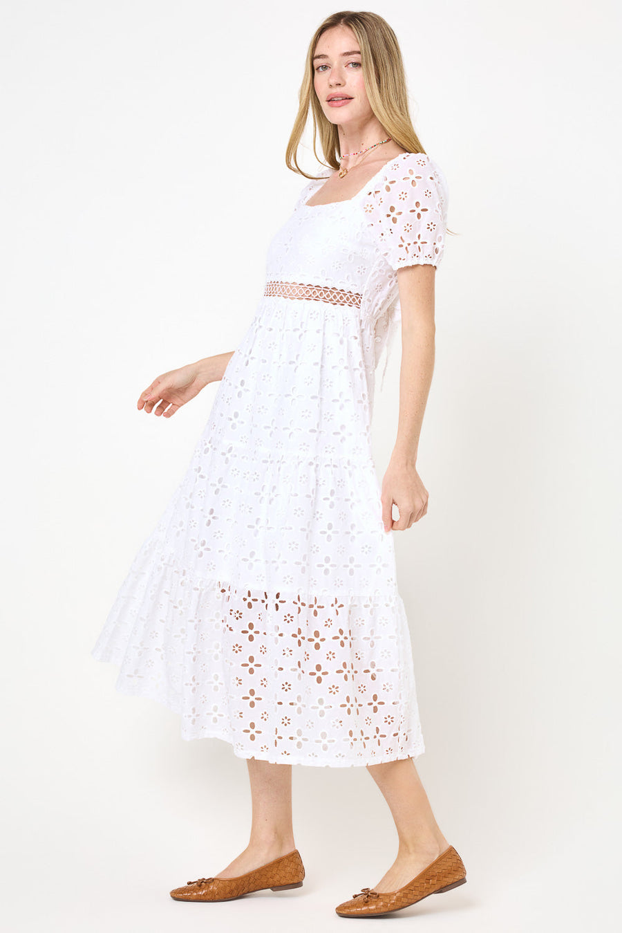 White Lace Waist Midi Dress