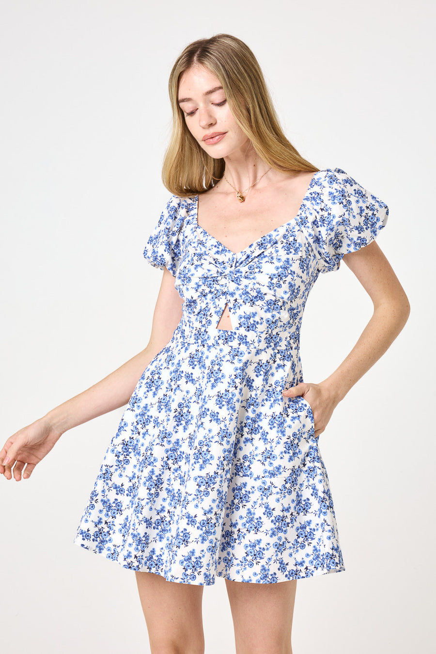 White Blue Floral Puff Sleeve Twist Keyhole Dress
