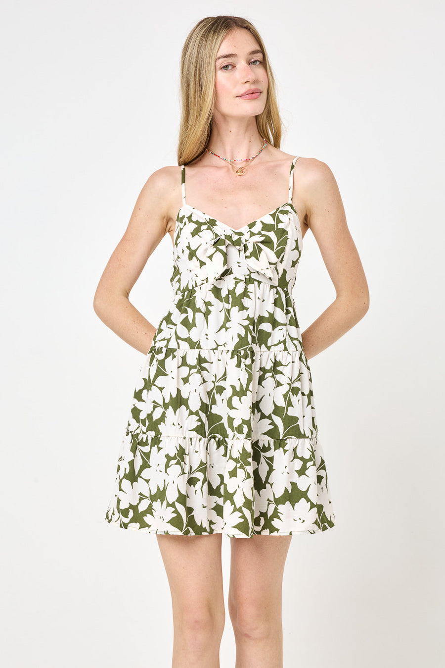 Green Floral Tie Front Spaghetti Strap Dress
