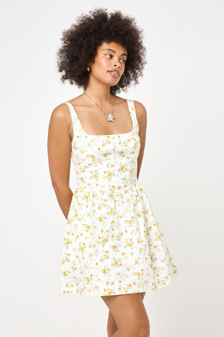 White Yellow Floral Corset A-line Dress