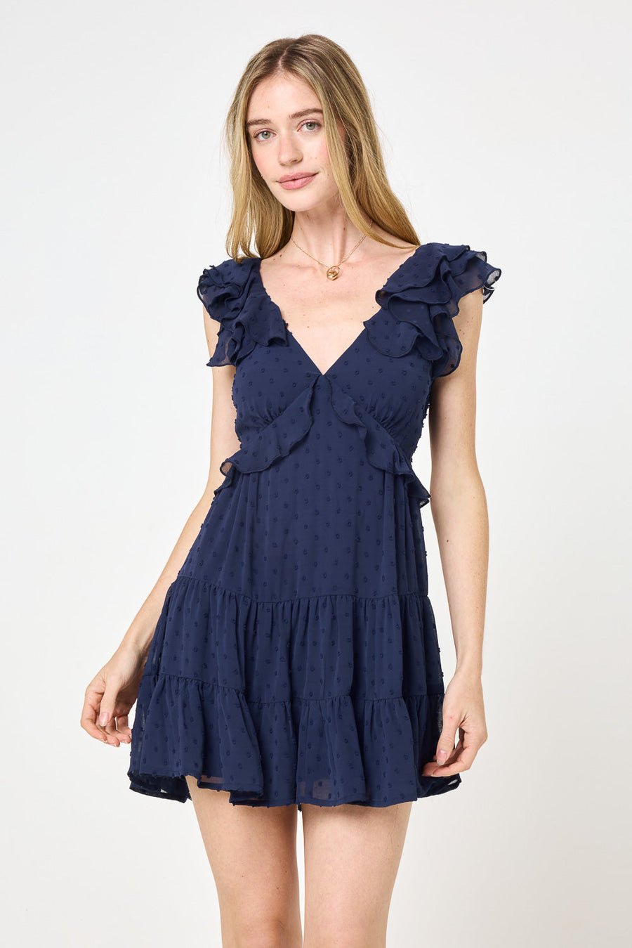 Navy Ruffle Layered Sleeve Dress
