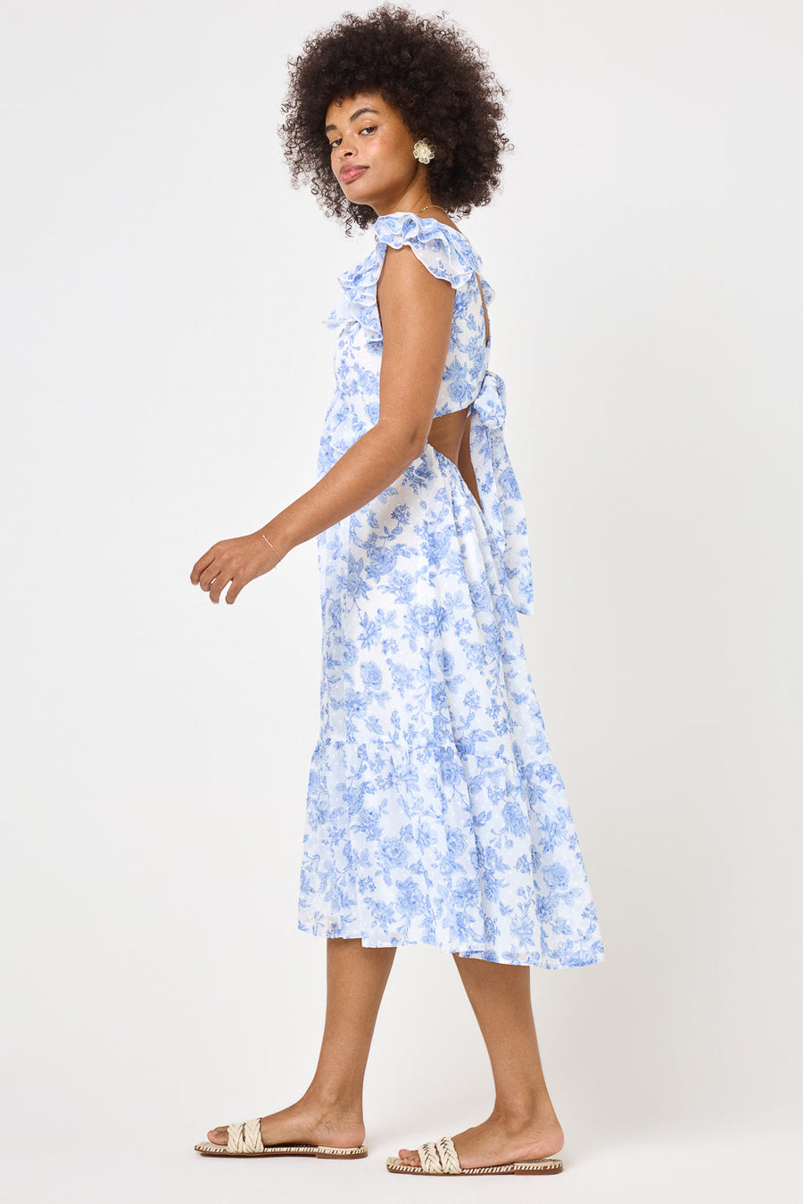 White Blue Floral Ruffle Sleeve Midi Dress
