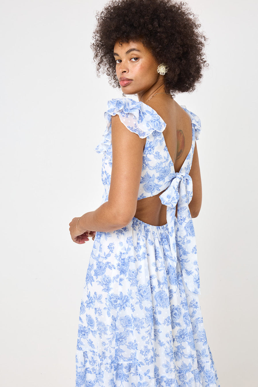 White Blue Floral Ruffle Sleeve Midi Dress