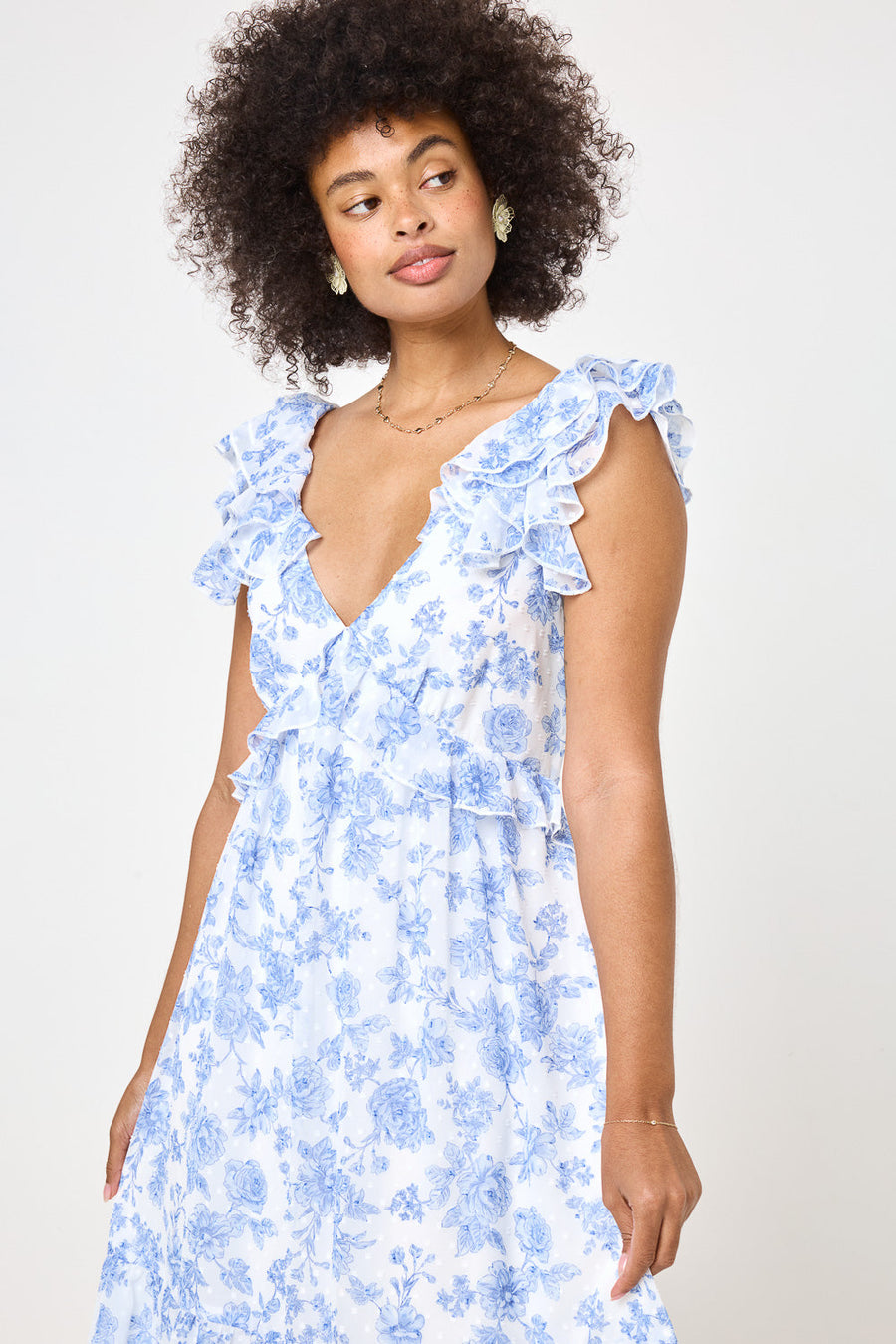 White Blue Floral Ruffle Sleeve Midi Dress