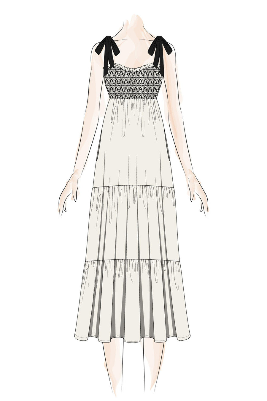 Ivory Tie Shoulder Embroidery Midi Dress