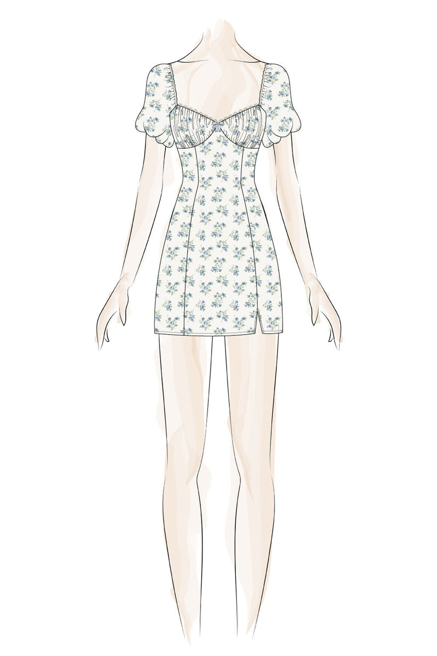 White Blue Floral Puff Sleeve Bodycon Dress
