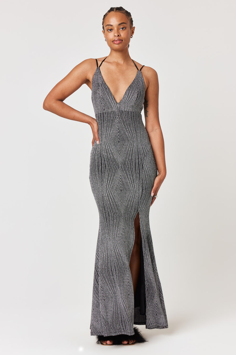 Black Silver Caviar Beaded Gown - Trixxi Clothing