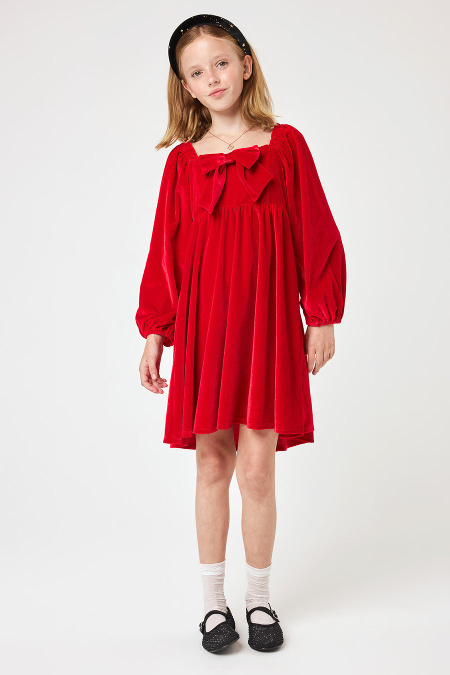 Kids Red Front Bow Velvet Dress - Trixxi Clothing