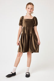 Kids Olive Green Tie Back Velvet Dress - Trixxi Clothing