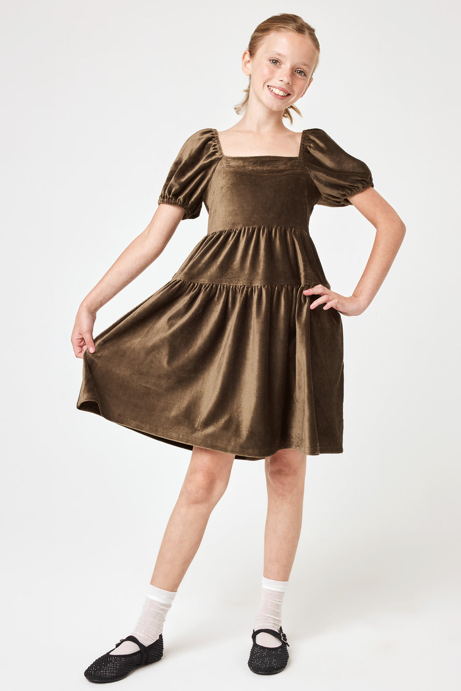 Kids Olive Green Tie Back Velvet Dress - Trixxi Clothing