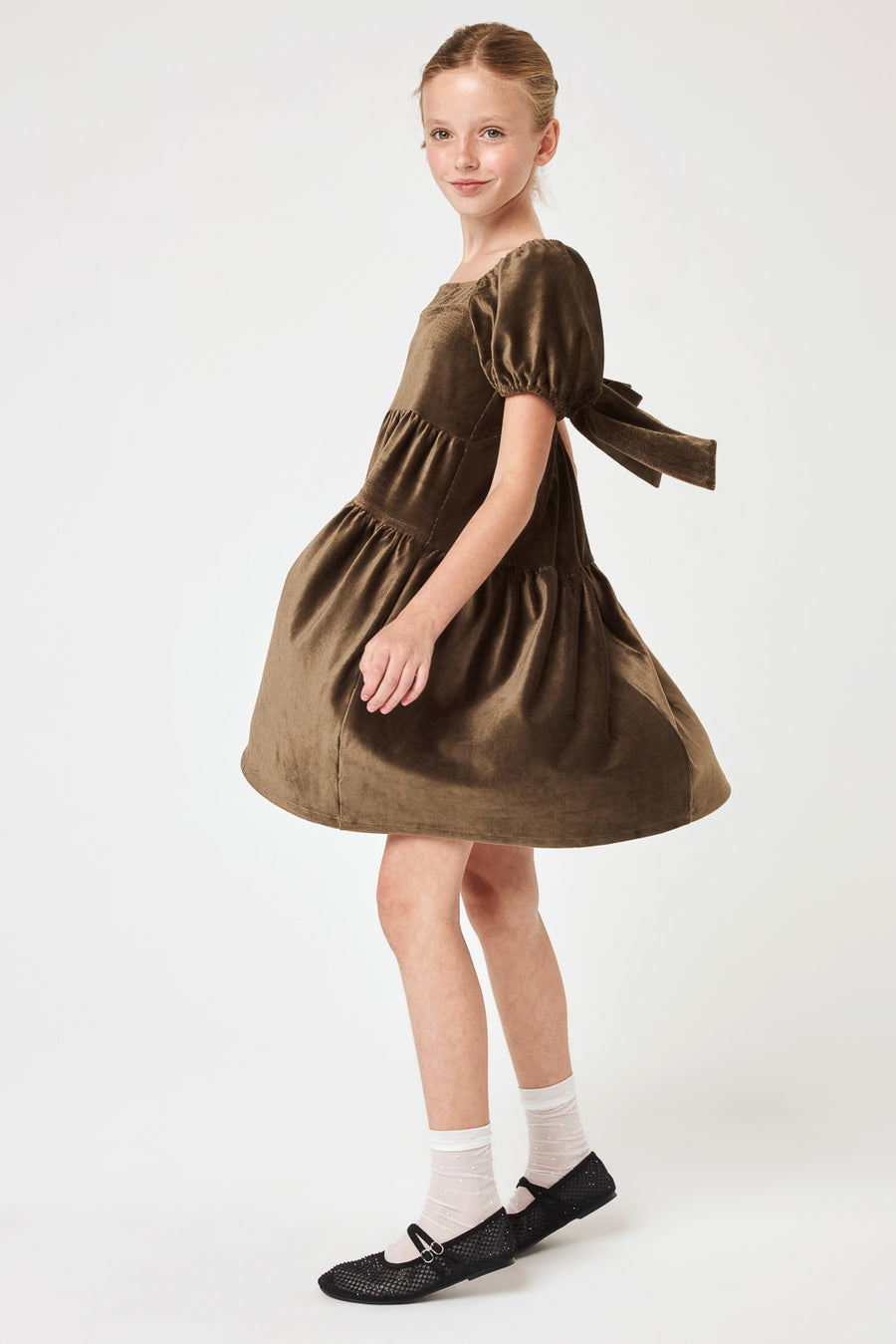 Kids Olive Green Tie Back Velvet Dress - Trixxi Clothing