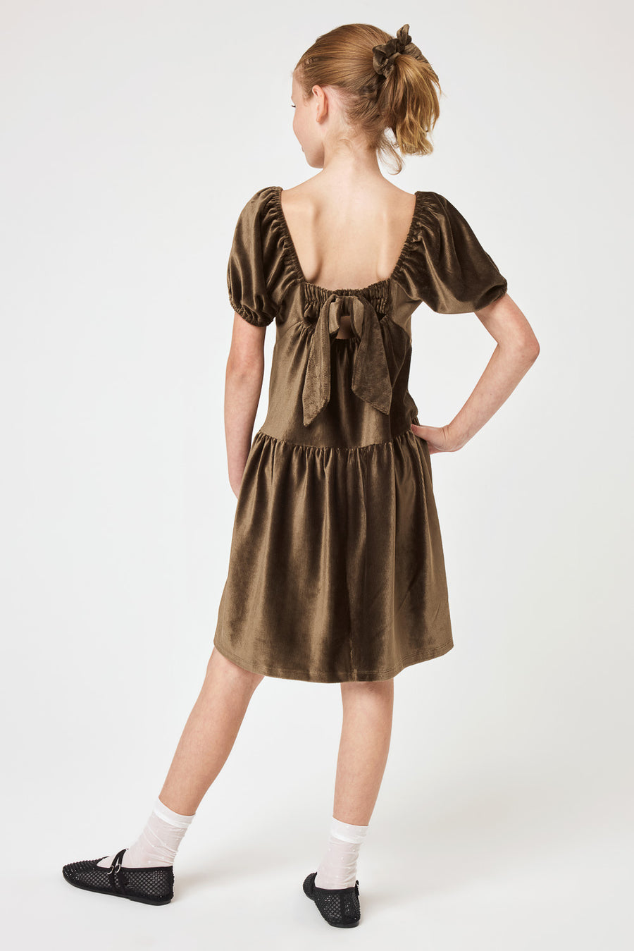 Kids Olive Green Tie Back Velvet Dress - Trixxi Clothing