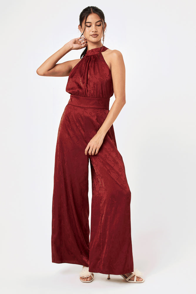 Wine Satin Halter Neck Jumpsuit