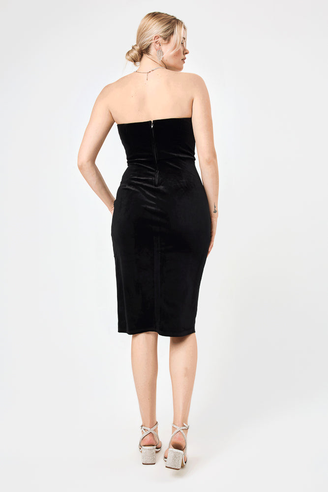 Black Strapless Velvet Midi Dress