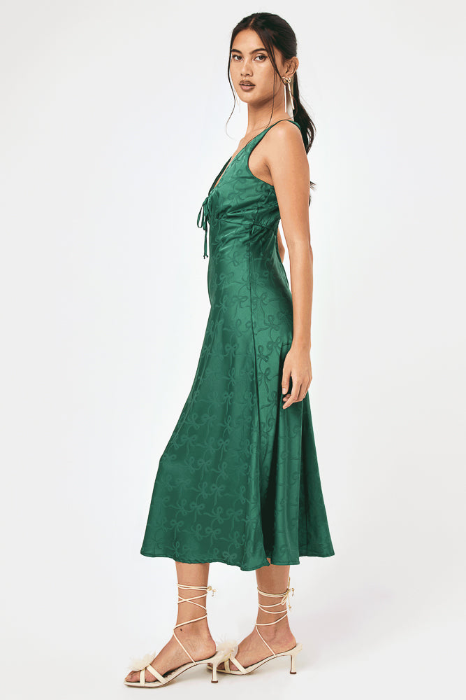 Emerald Satin Bow Jacquard Midi Dress