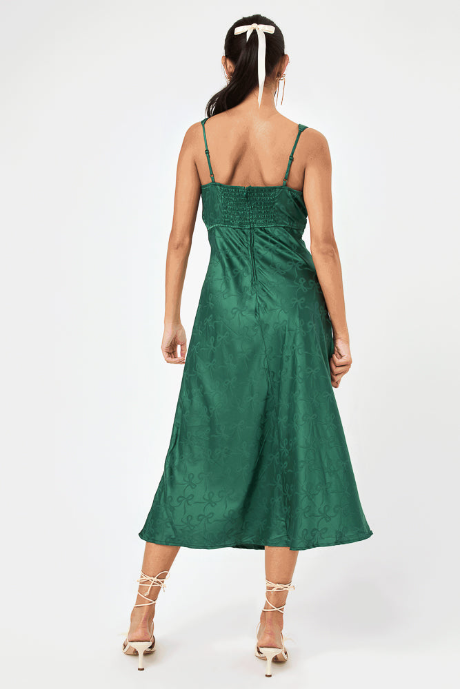 Emerald Satin Bow Jacquard Midi Dress