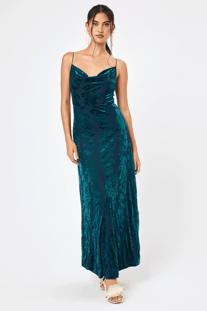 Teal Jacquard Cowl Neck Maxi Dress