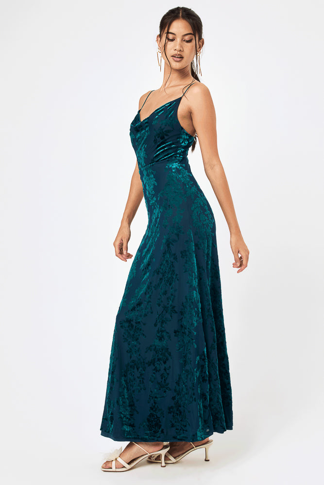 Teal Jacquard Cowl Neck Maxi Dress