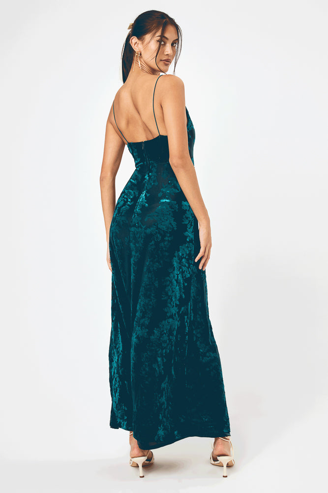 Teal Jacquard Cowl Neck Maxi Dress