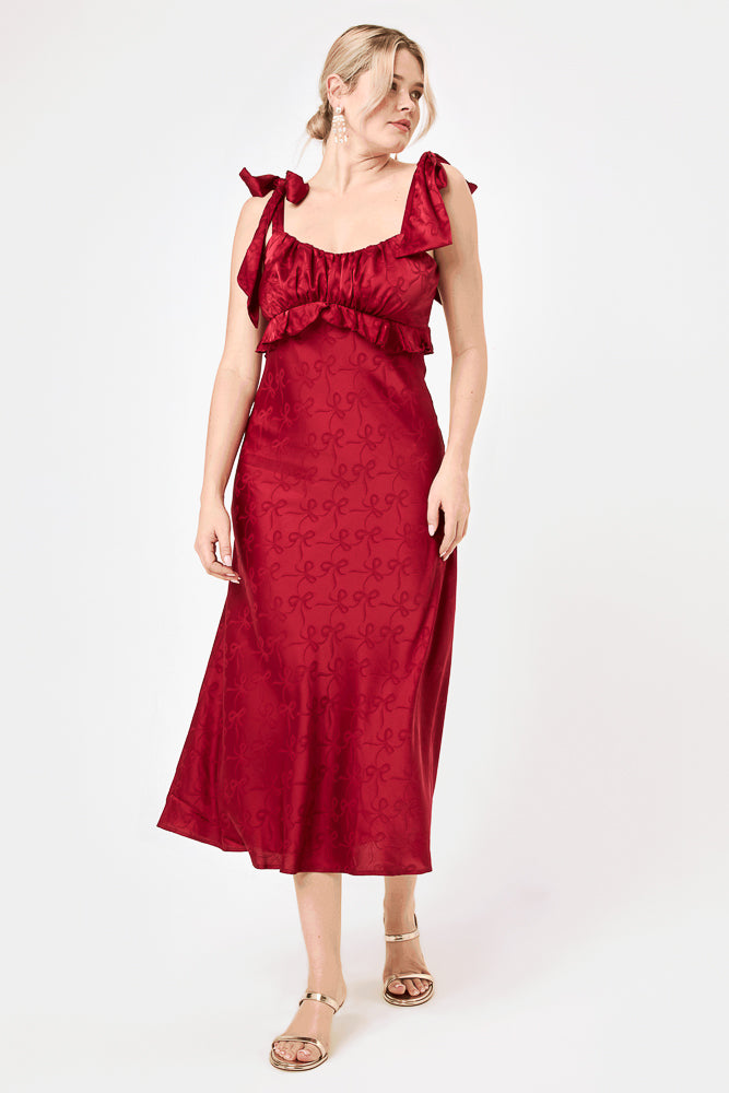 Red Tie Shoulder Ruffle Midi Dress
