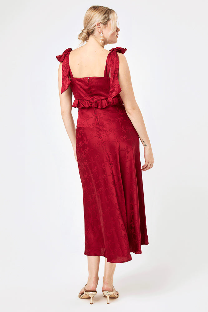 Red Tie Shoulder Ruffle Midi Dress