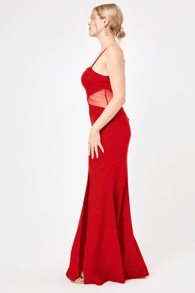 Red Side Cut-Out Glitter Gown