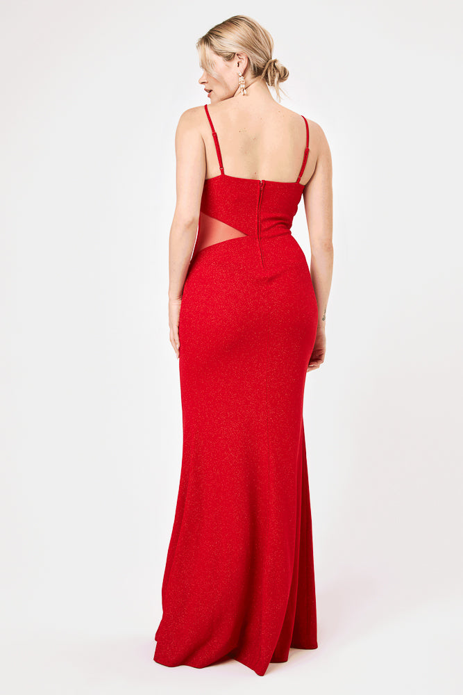 Red Side Cut-Out Glitter Gown