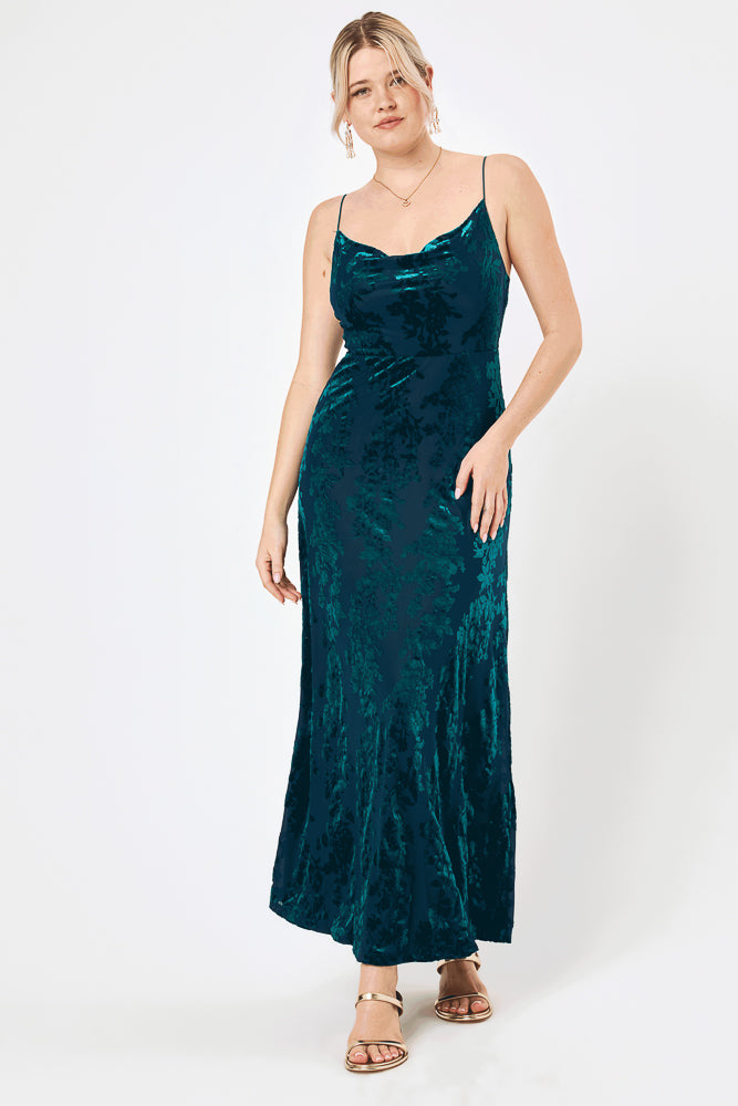 Teal Jacquard Cowl Neck Maxi Dress