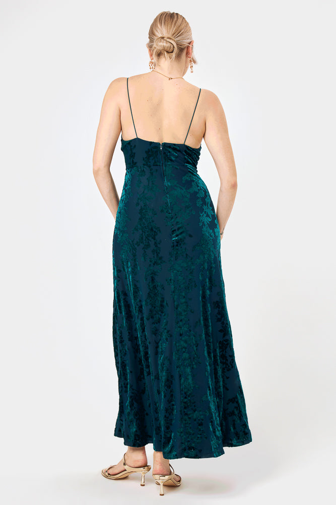 Teal Jacquard Cowl Neck Maxi Dress