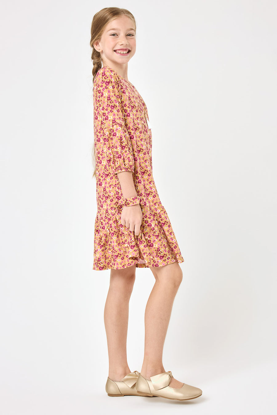 Kids Orange Floral Lantern Sleeve Swing Dress - Trixxi Clothing